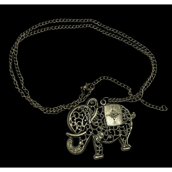 Vintage Bohemian Filigree Elephant Pendant Antiqued Gold Tone With Black Rhinest - Picture 1 of 6